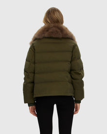 Loro Piana Cashmere Down Jacket With Select Cashmere Goat Collar | Green/Light Brown