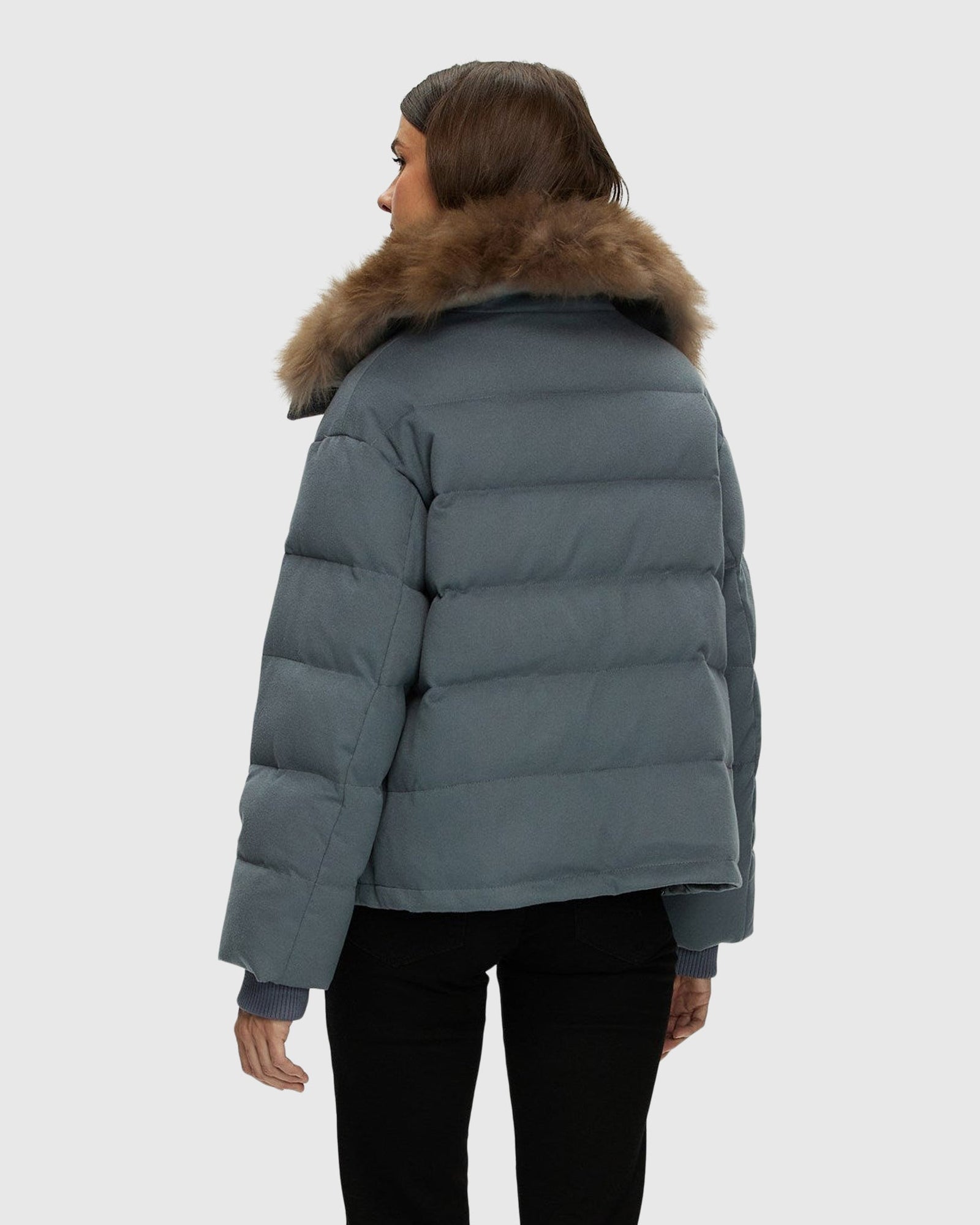 Loro Piana Cashmere Down Jacket With Select Cashmere Goat Collar | Dusty Blue/Light Brown