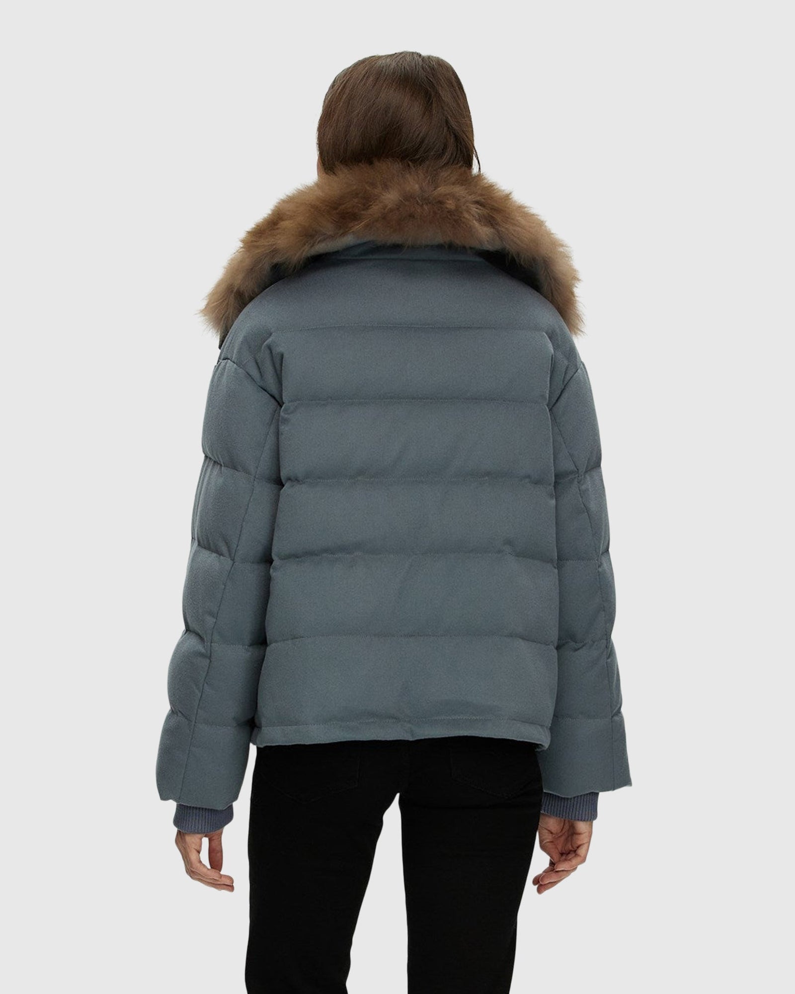 Loro Piana Cashmere Down Jacket With Select Cashmere Goat Collar | Dusty Blue/Light Brown