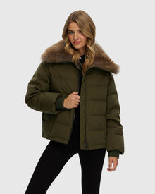 Loro Piana Cashmere Down Jacket With Select Cashmere Goat Collar | Green/Light Brown