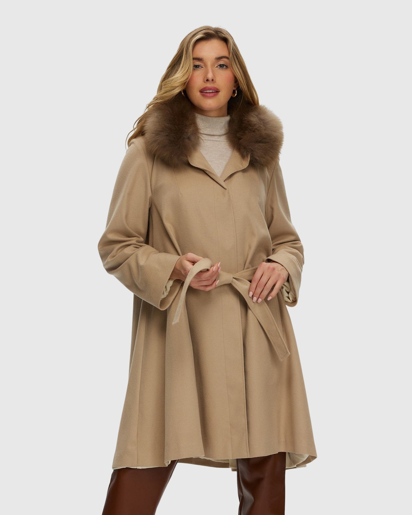 Loro Piana Cashmere Stroller With Select Cashmere Goat Collar, Belt | Taupe/Brown