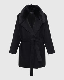 Loro Piana Cashmere & Wool Belted Jacket With Detachable Toscana Shearling Lamb Trim | Black/Black