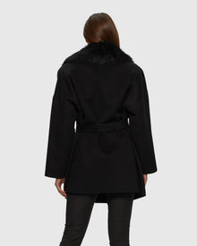 Loro Piana Cashmere & Wool Belted Jacket With Detachable Toscana Shearling Lamb Trim | Black/Black