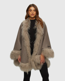 Loro Piana Cashmere & Wool Cape With Select Lamb Trim | Light Brown/Beige