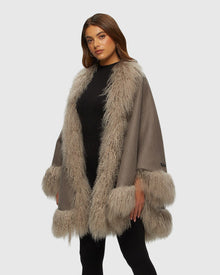 Loro Piana Cashmere & Wool Cape With Select Lamb Trim | Light Brown/Beige