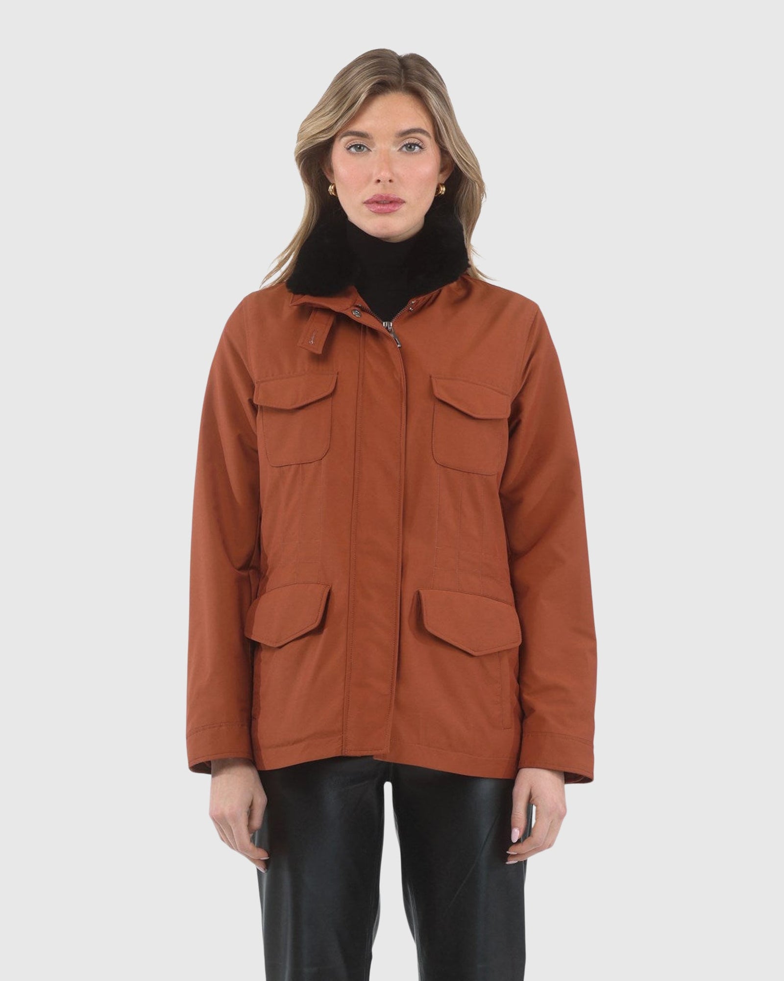 Loro Piana Storm System Lined Jacket With Detachable Select Shearling Lamb Collar, Concealed Hood | Rust/Black