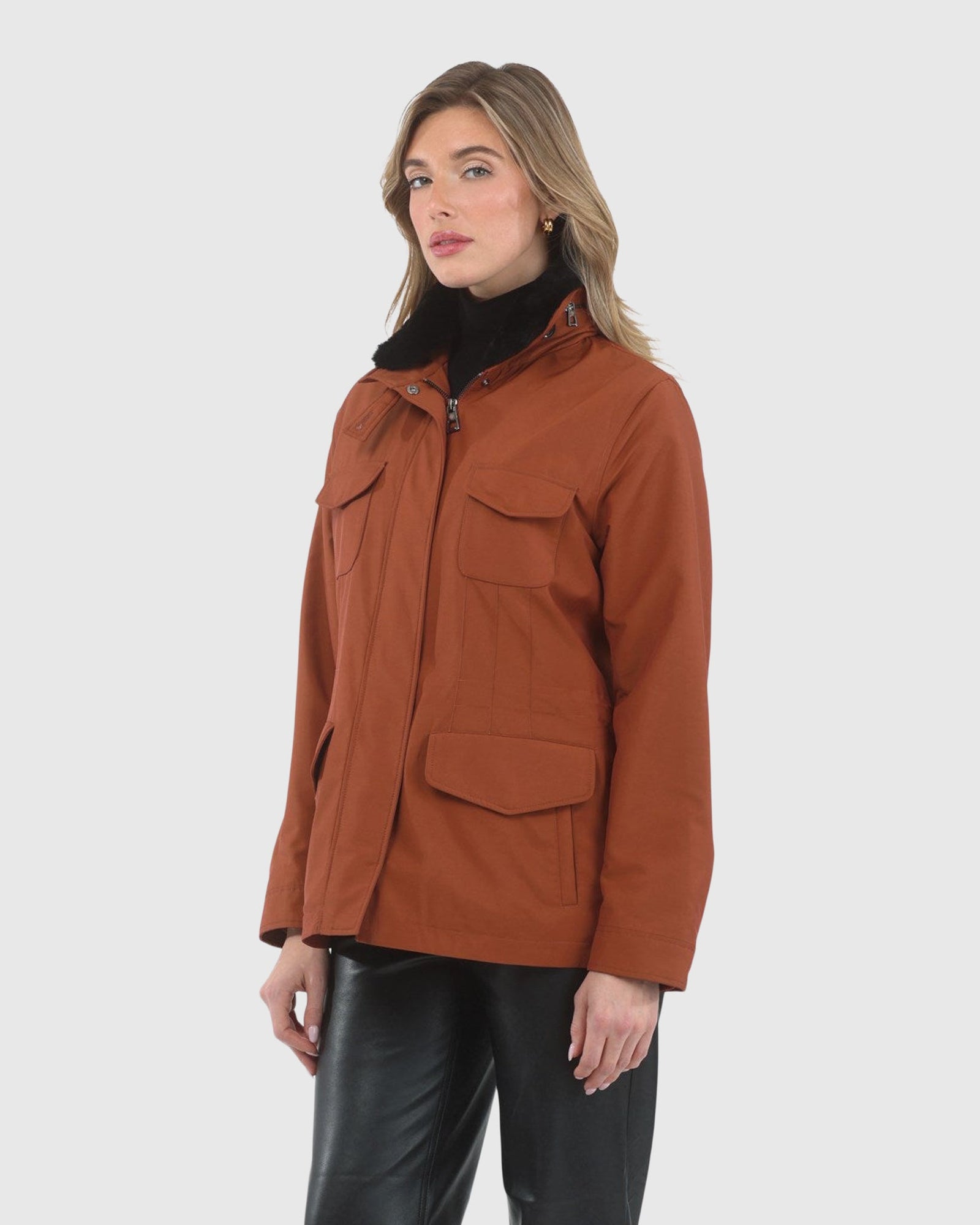 Loro Piana Storm System Lined Jacket With Detachable Select Shearling Lamb Collar, Concealed Hood | Rust/Black