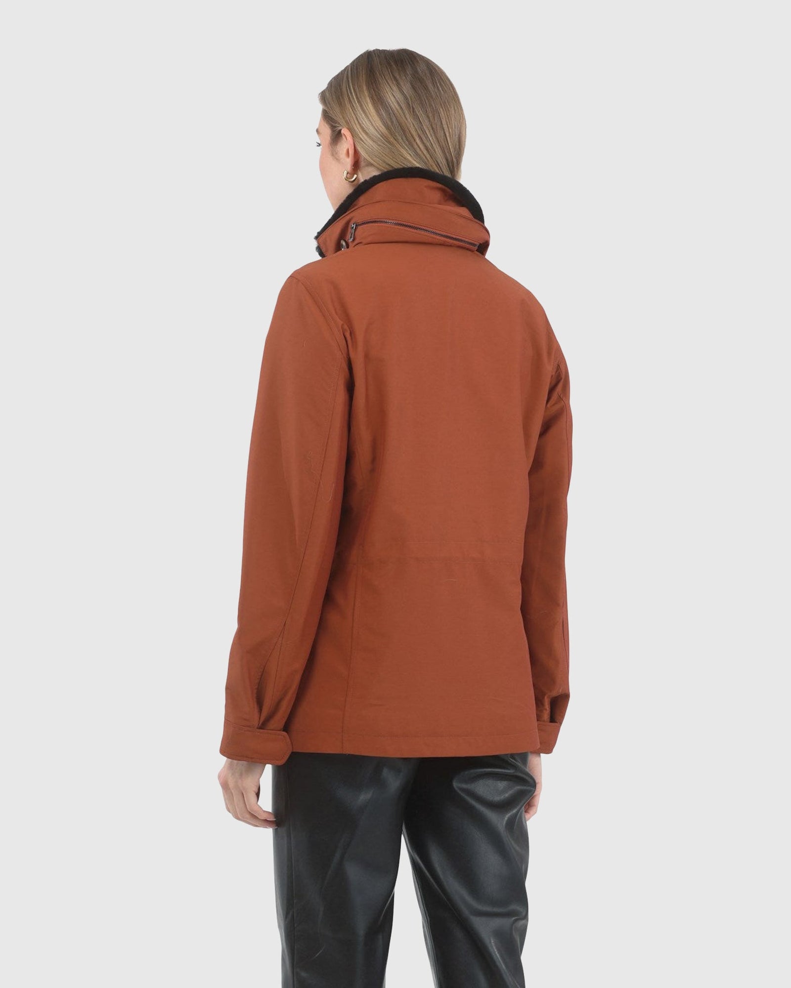 Loro Piana Storm System Lined Jacket With Detachable Select Shearling Lamb Collar, Concealed Hood | Rust/Black