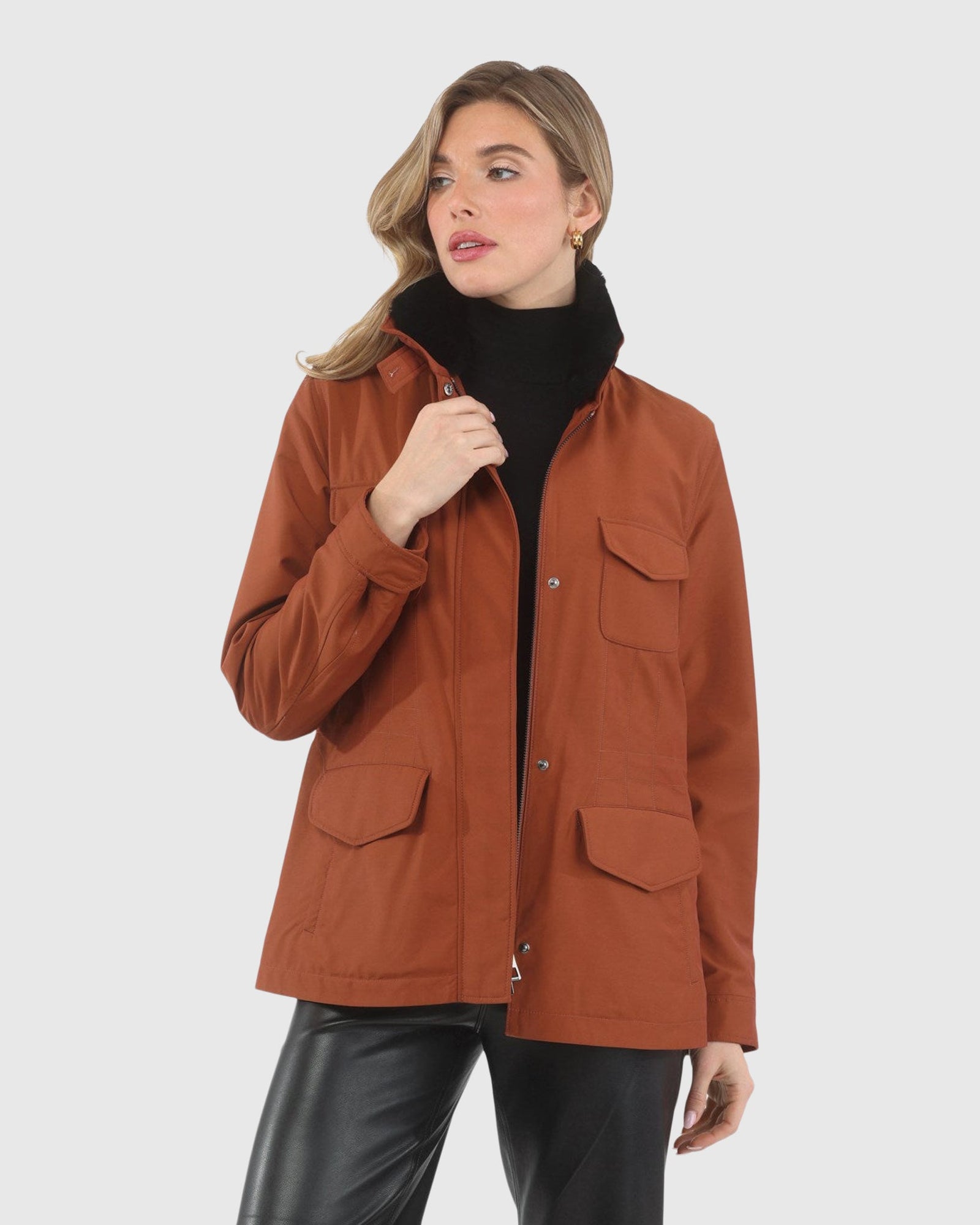 Loro Piana Storm System Lined Jacket With Detachable Select Shearling Lamb Collar, Concealed Hood | Rust/Black