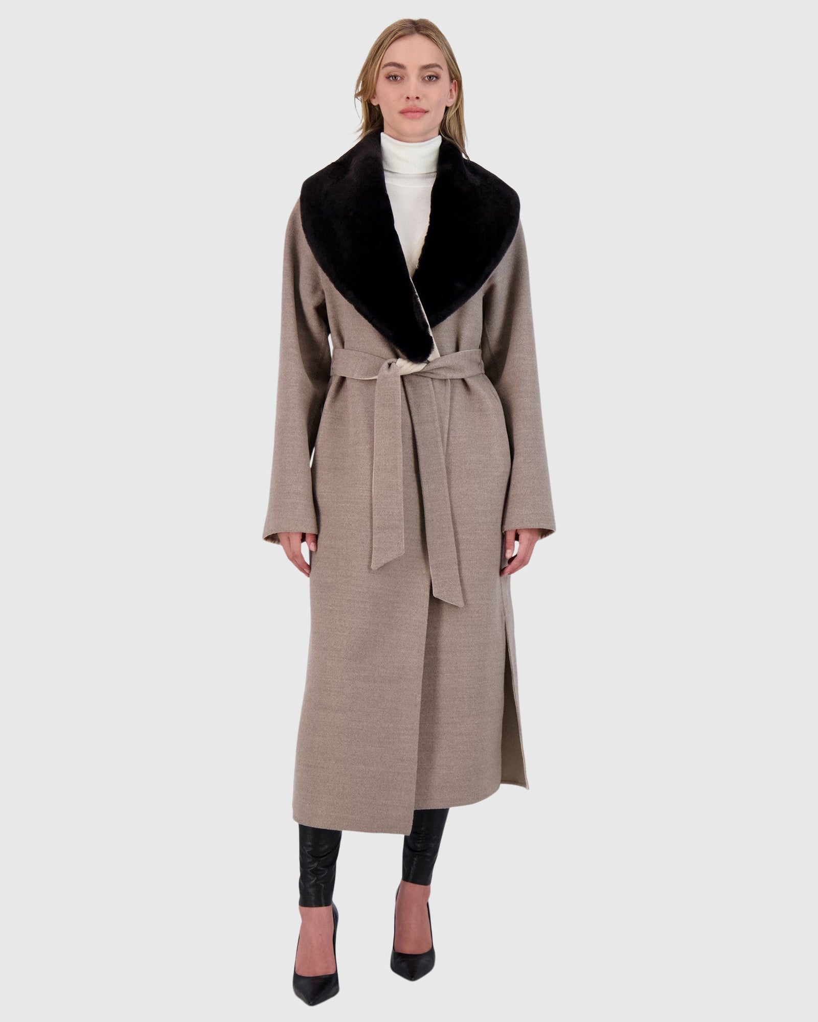 Loro Piana Wool Short Coat With Select Shearling Lamb Collar | Taupe/Beige