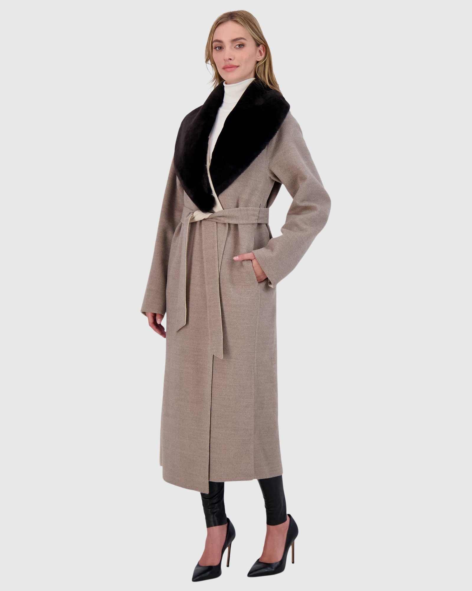 Loro Piana Wool Short Coat With Select Shearling Lamb Collar | Taupe/Beige