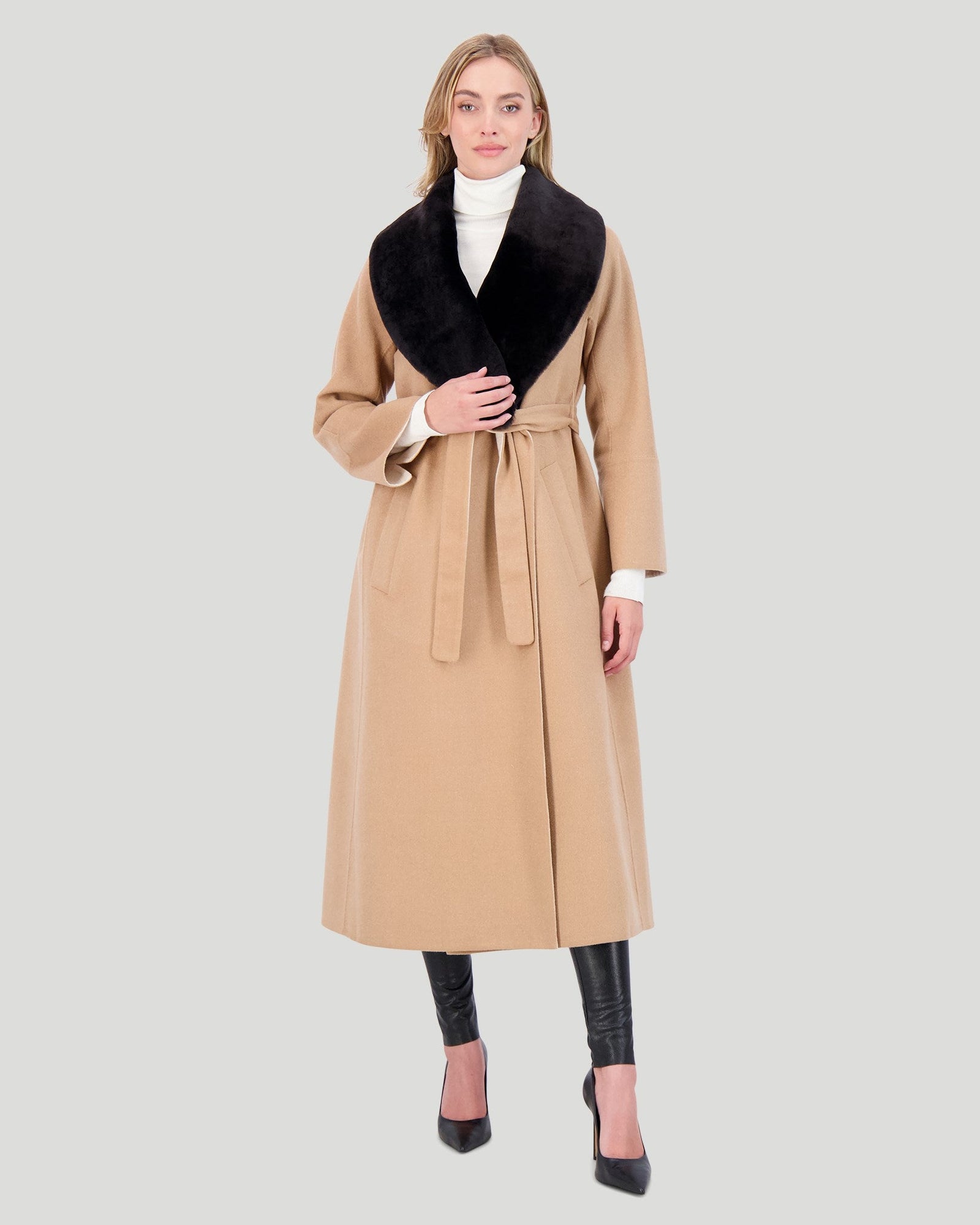 Loro Piana Wool Short Coat With Select Shearling Lamb Collar | Women | Camel x Beige