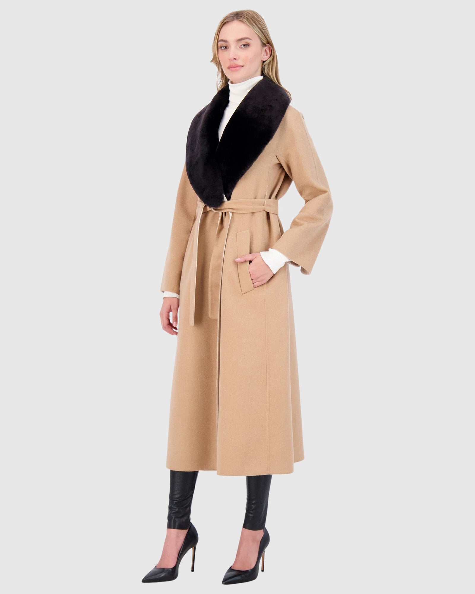 Loro Piana Wool Short Coat With Select Shearling Lamb Collar | Camel/Beige