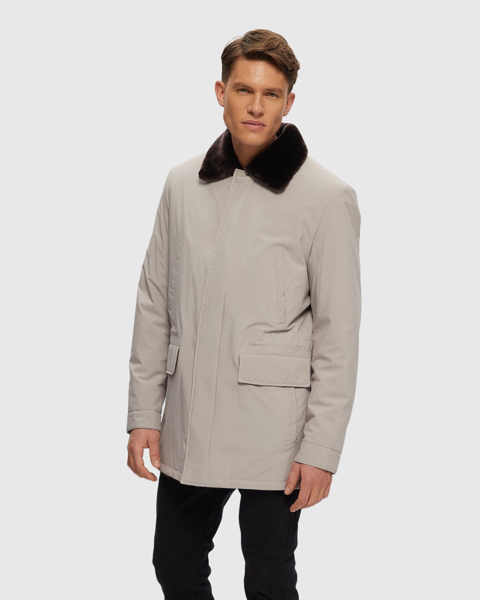 Men | Fabric Jacket With Select Shearling Lamb Lining | Light Beige/ Dark Brown