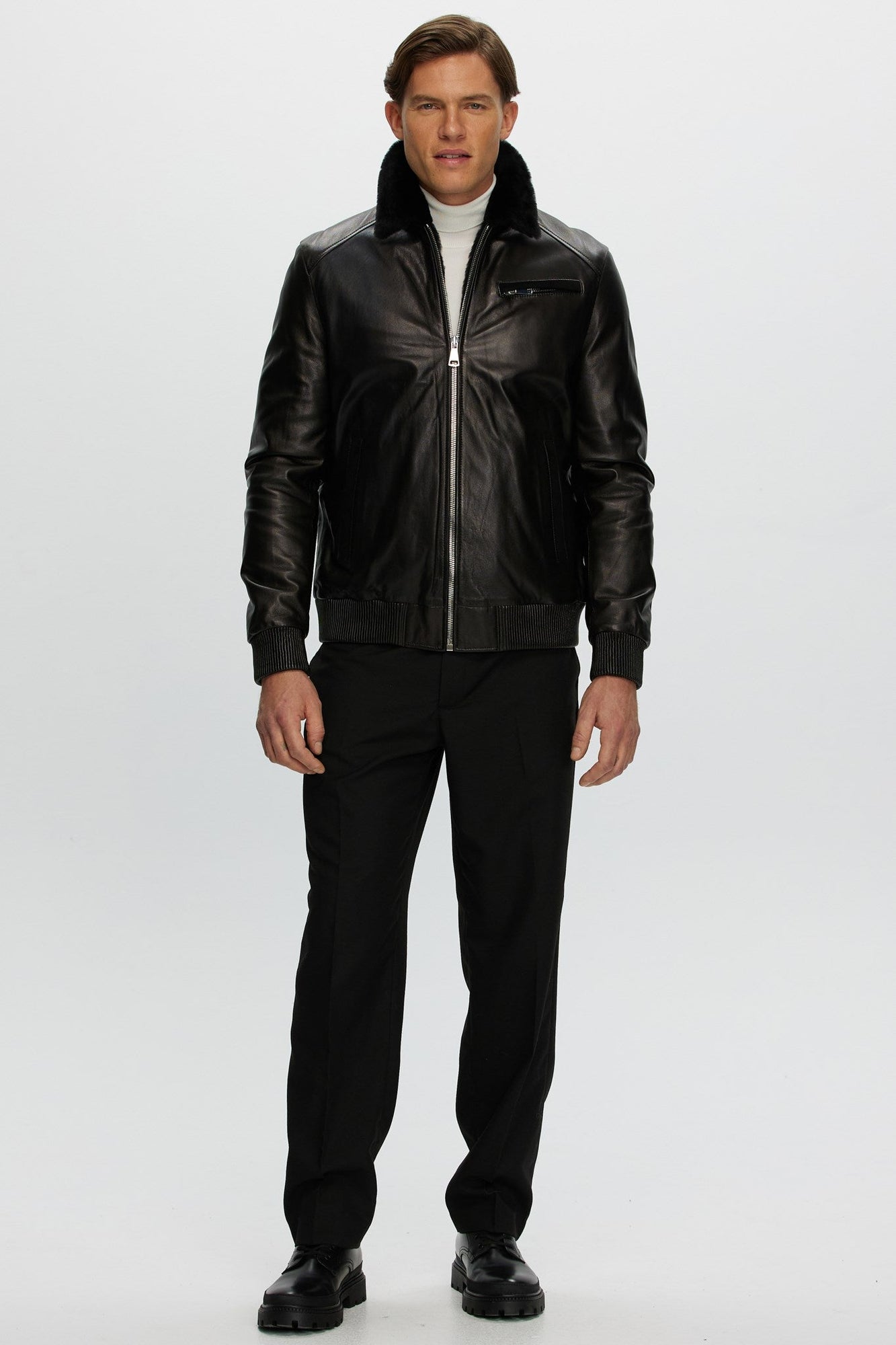 Leather Jacket With Shearling Lamb | Men | Black x Black