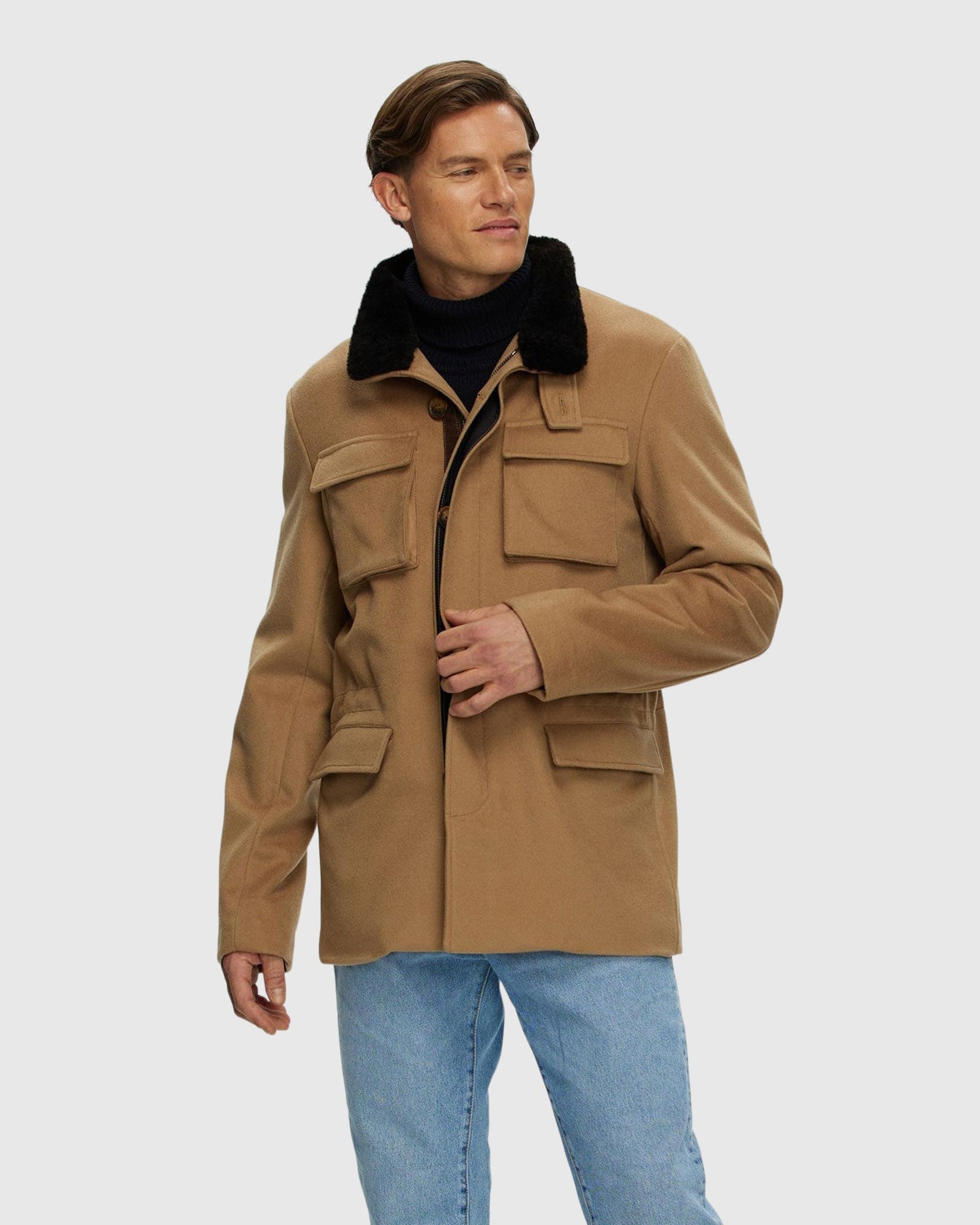 Men | Loro Piana Cashmere Jacket With Detachable Select Shearling Lamb Collar | Camel/Dark Brown