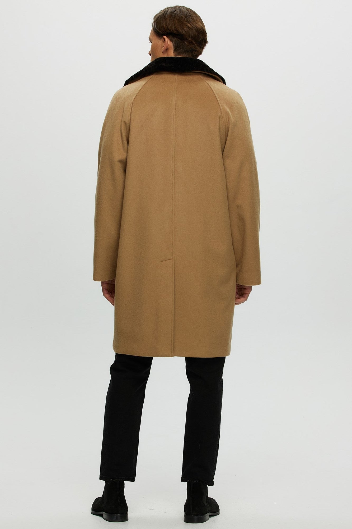 Loro Piana Cashmere Short Coat With Detachable Select Shearling Lamb Collar | Men | Camel x Dark Brown