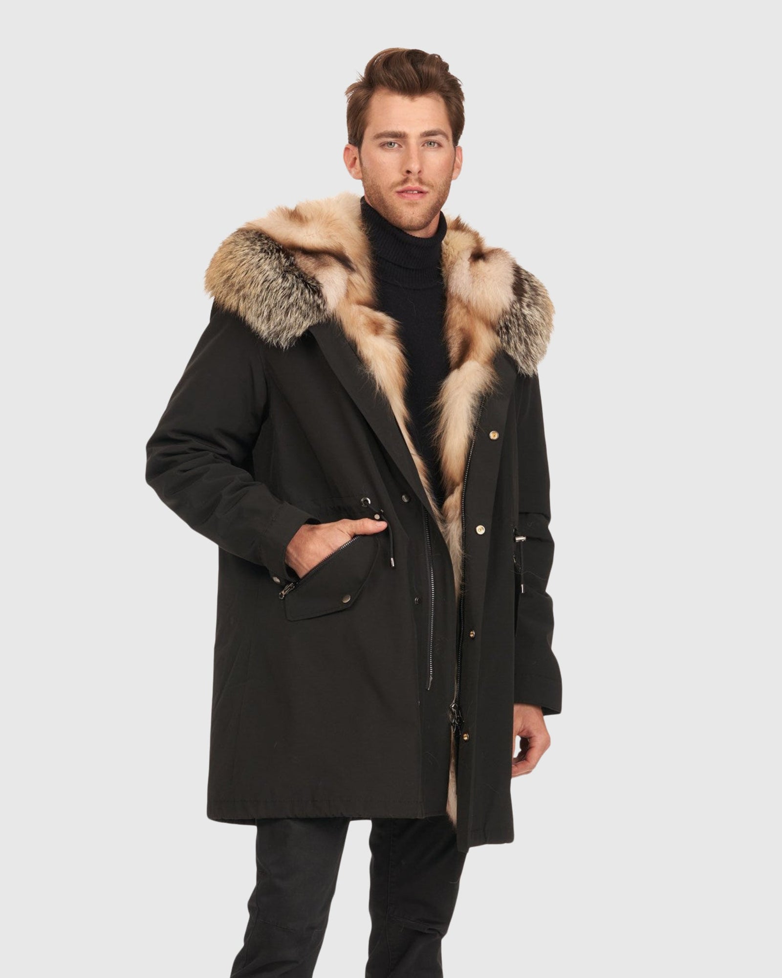 Men | Parka With Fox Tuxedo And Hood Trim | Black/Cross