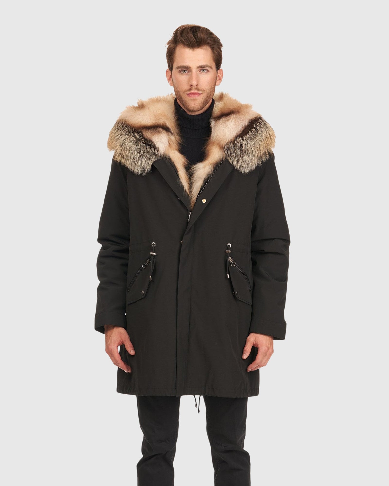 Men | Parka With Fox Tuxedo And Hood Trim | Black/Cross