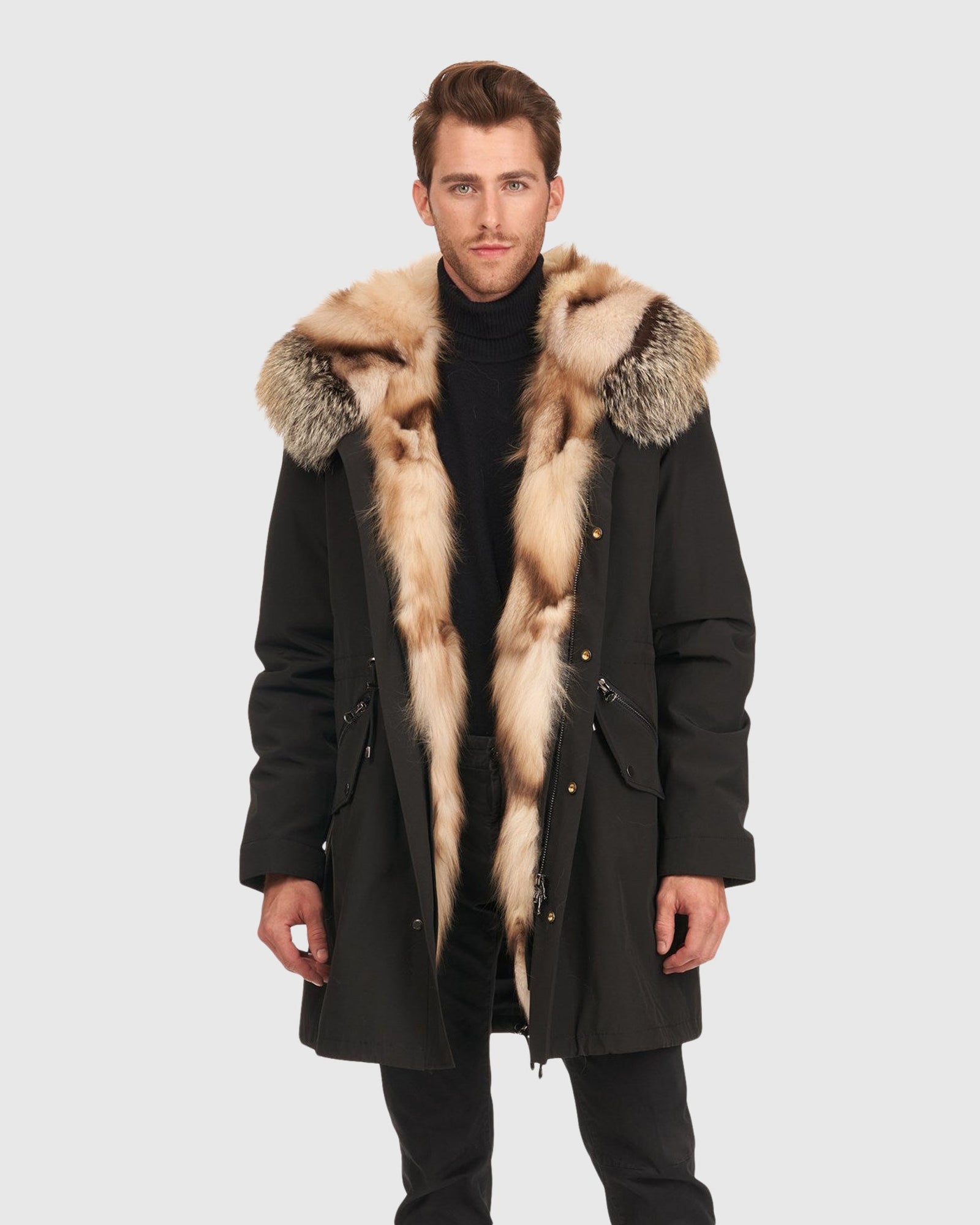 Men | Parka With Fox Tuxedo And Hood Trim | Black/Cross