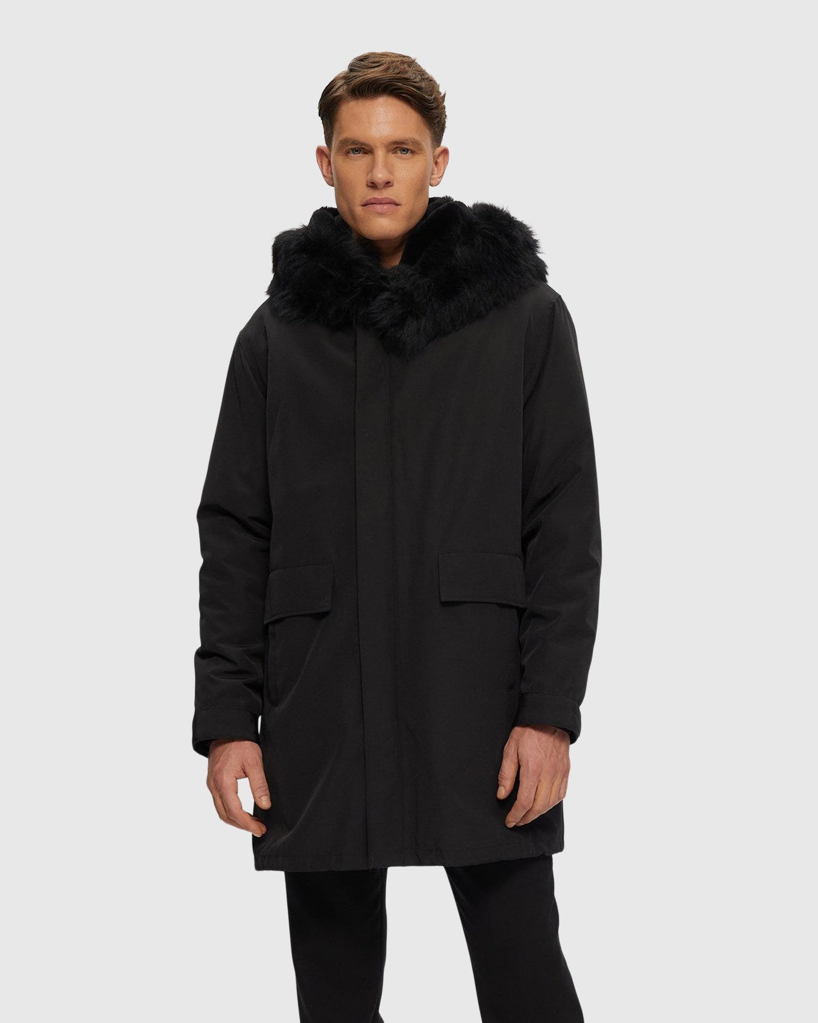 Men | Parka With Select Shearling Lamb Tuxedo And Hood Trim | Black/Black