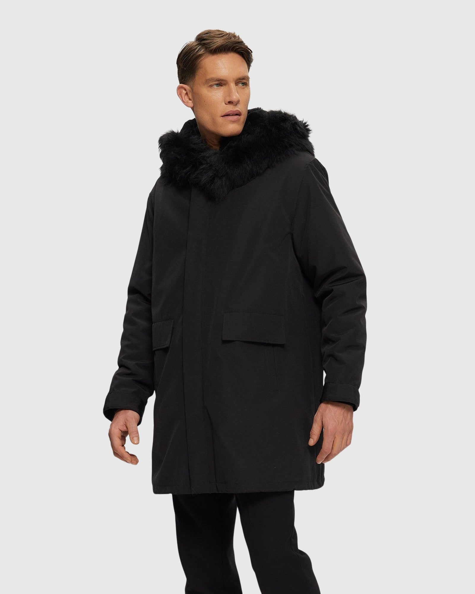 Men | Parka With Select Shearling Lamb Tuxedo And Hood Trim | Black/Black