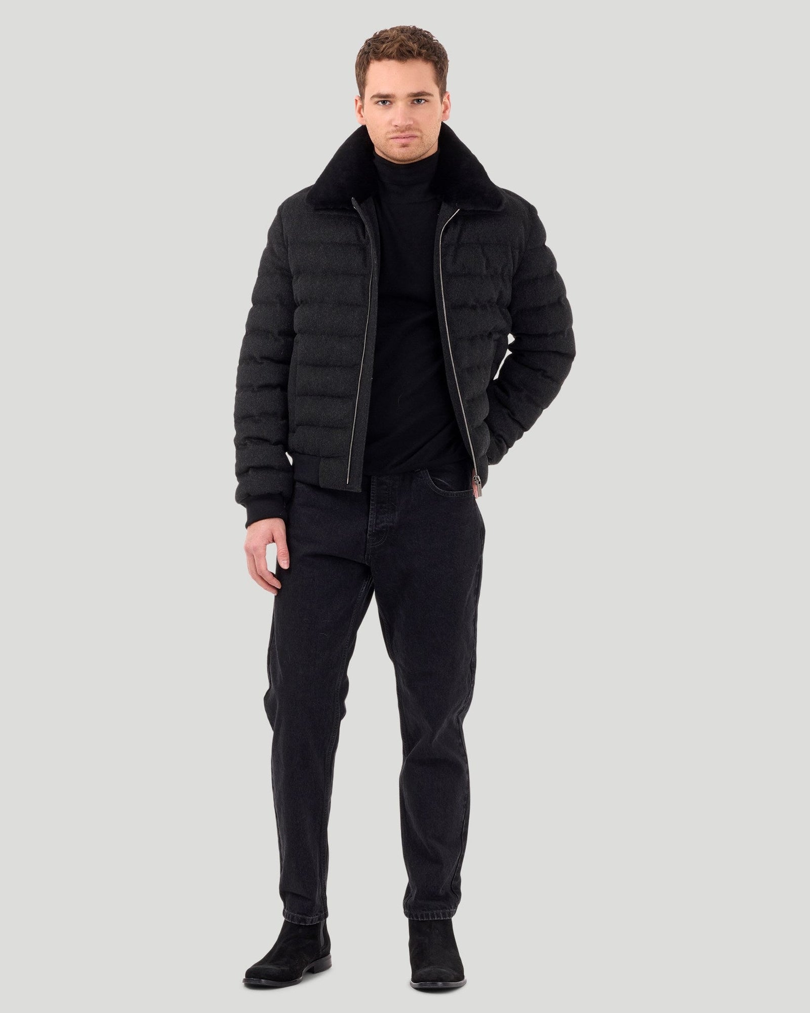 Quilted Wool Jacket With Detachable Select Shearling Lamb Collar | Men | Black Melange