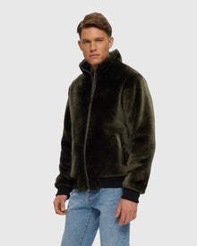 Men | Select Shearling Lamb Bomber Jacket | Dark Green/Black