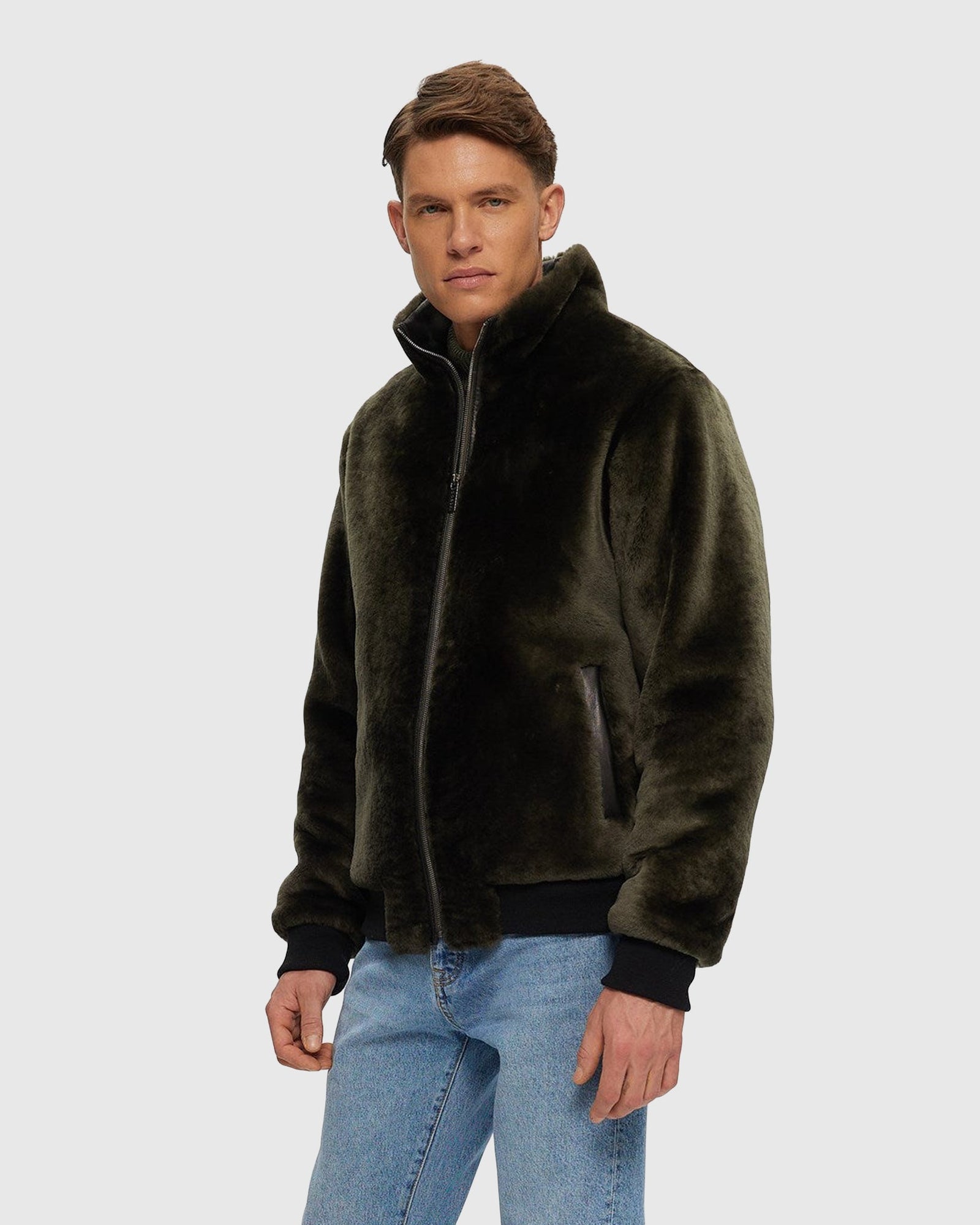 Men | Select Shearling Lamb Bomber Jacket | Dark Green/Black