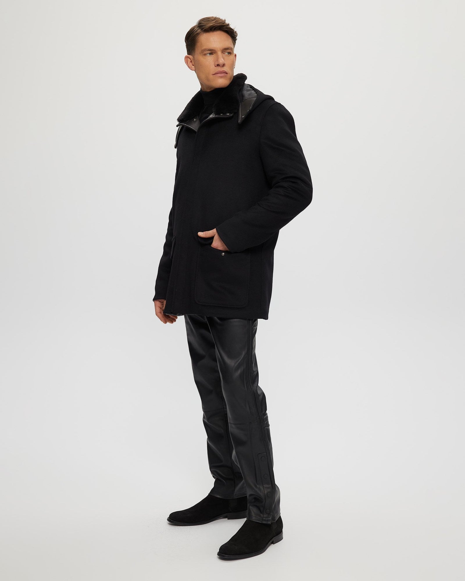 Wool Parka With Detachable Hood And Shearling Lamb Collar | Men | Black x Black