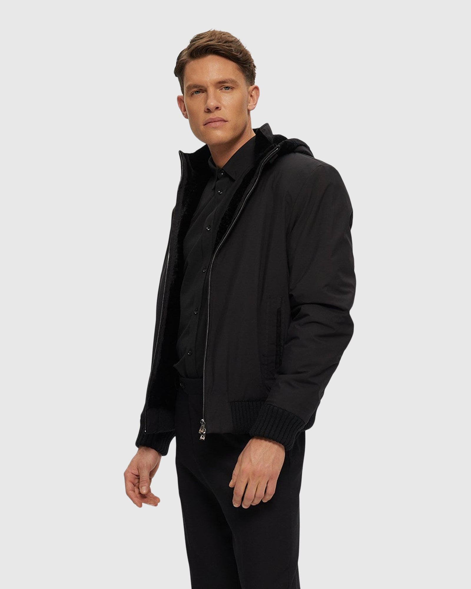 Men | Fabric Jacket With Lamb Lining And Detachable Hood | Black/Black