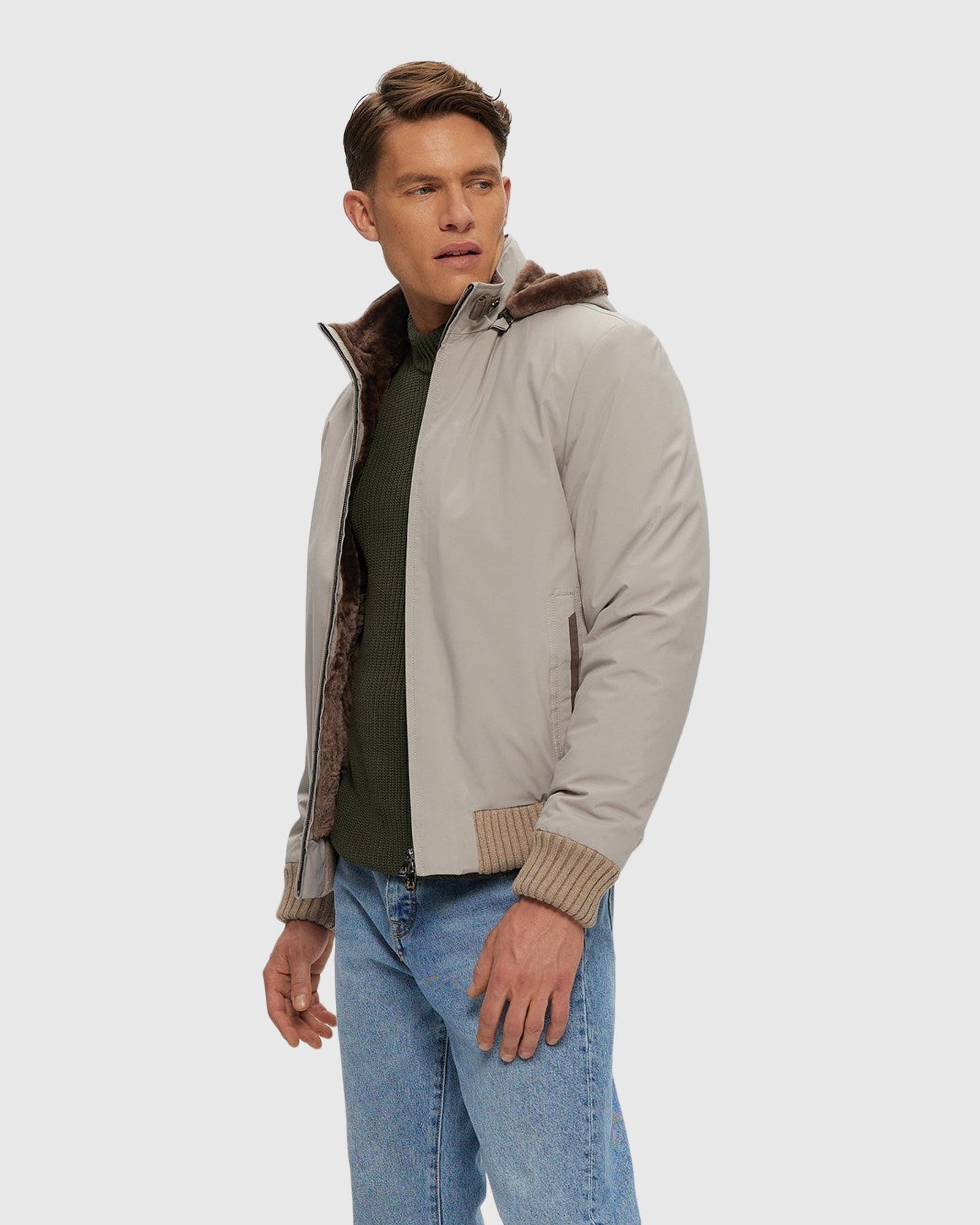 Men | Fabric Jacket With Lamb Lining And Detachable Hood | Light Beige/ Brown