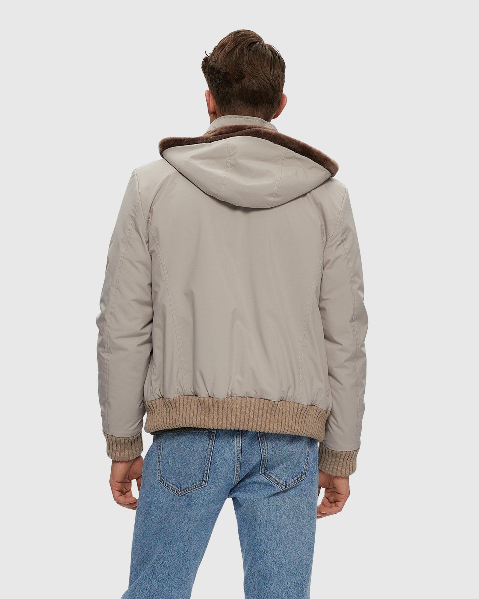 Men | Fabric Jacket With Lamb Lining And Detachable Hood | Light Beige/ Brown