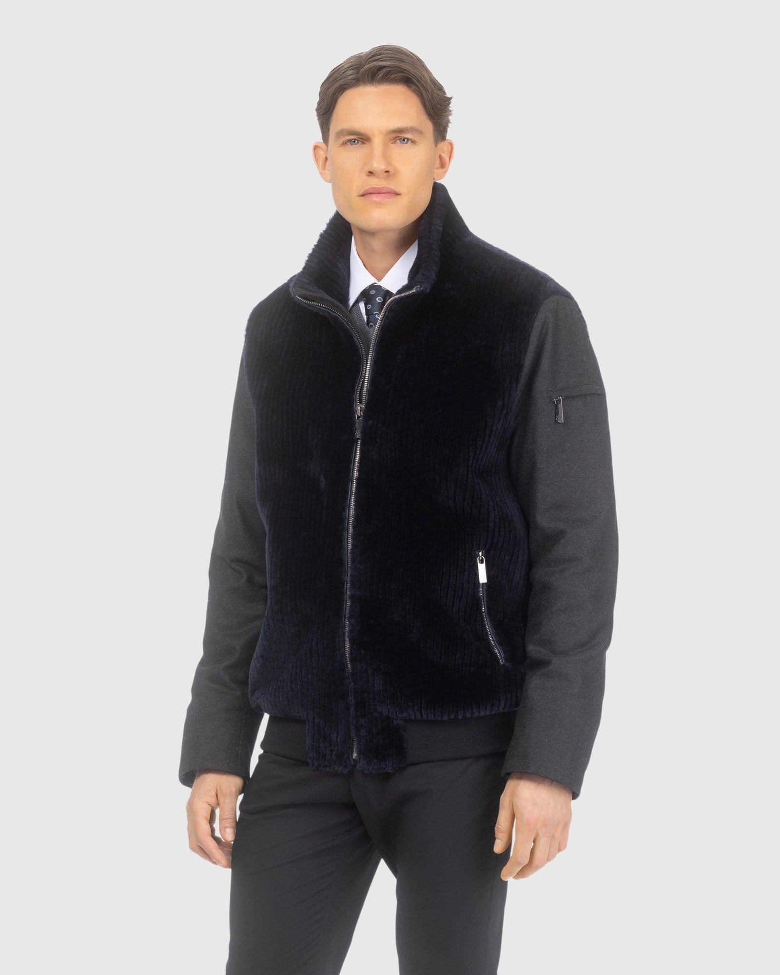 Men | Loro Piana Cashmere & Wool Jacket With Grooved Shearling Lamb Front | Navy/Black