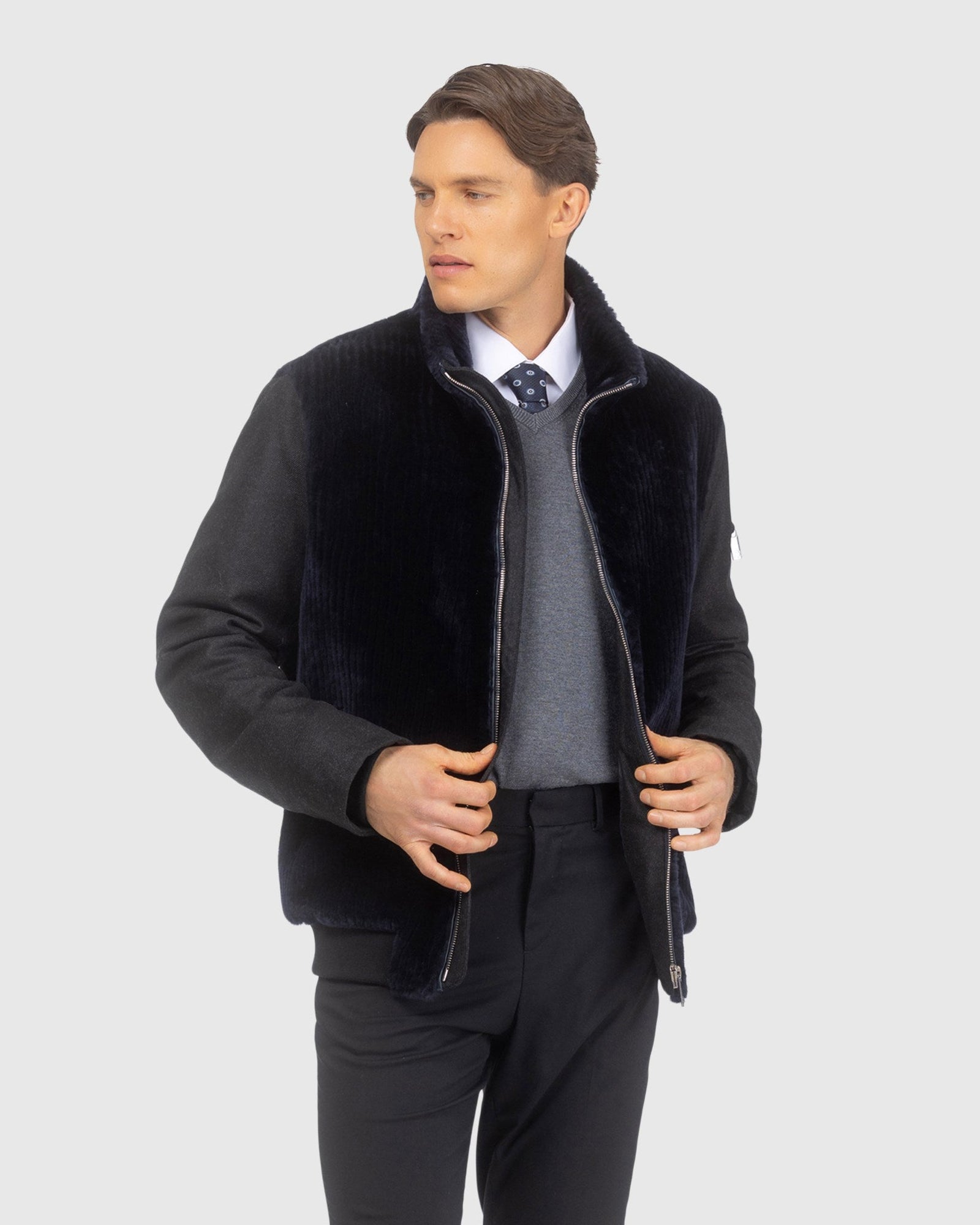 Men | Loro Piana Cashmere & Wool Jacket With Grooved Shearling Lamb Front | Navy/Black
