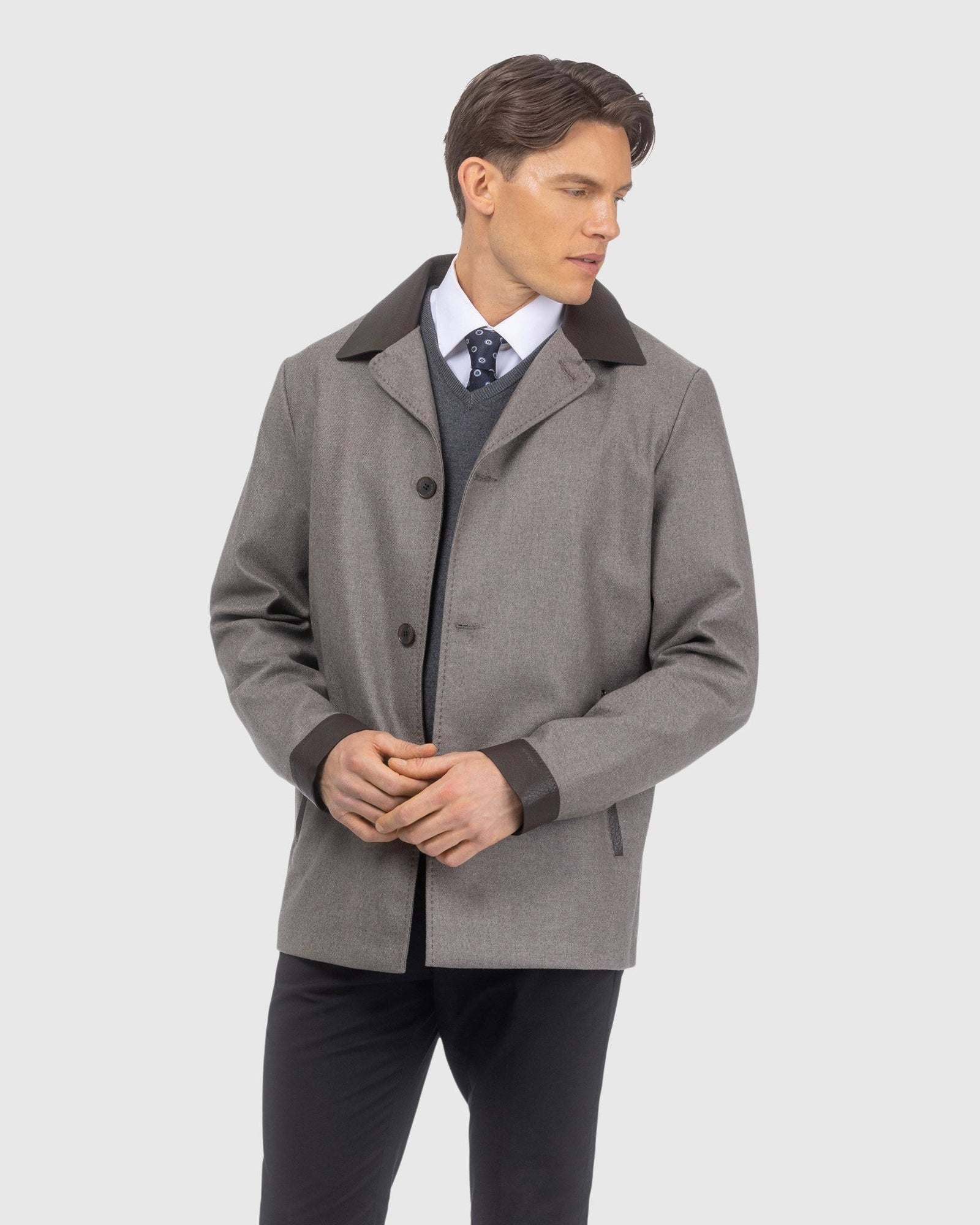 Men | Loro Piana Cashmere & Wool Jacket With Leather Trim | Taupe/Dark Brown