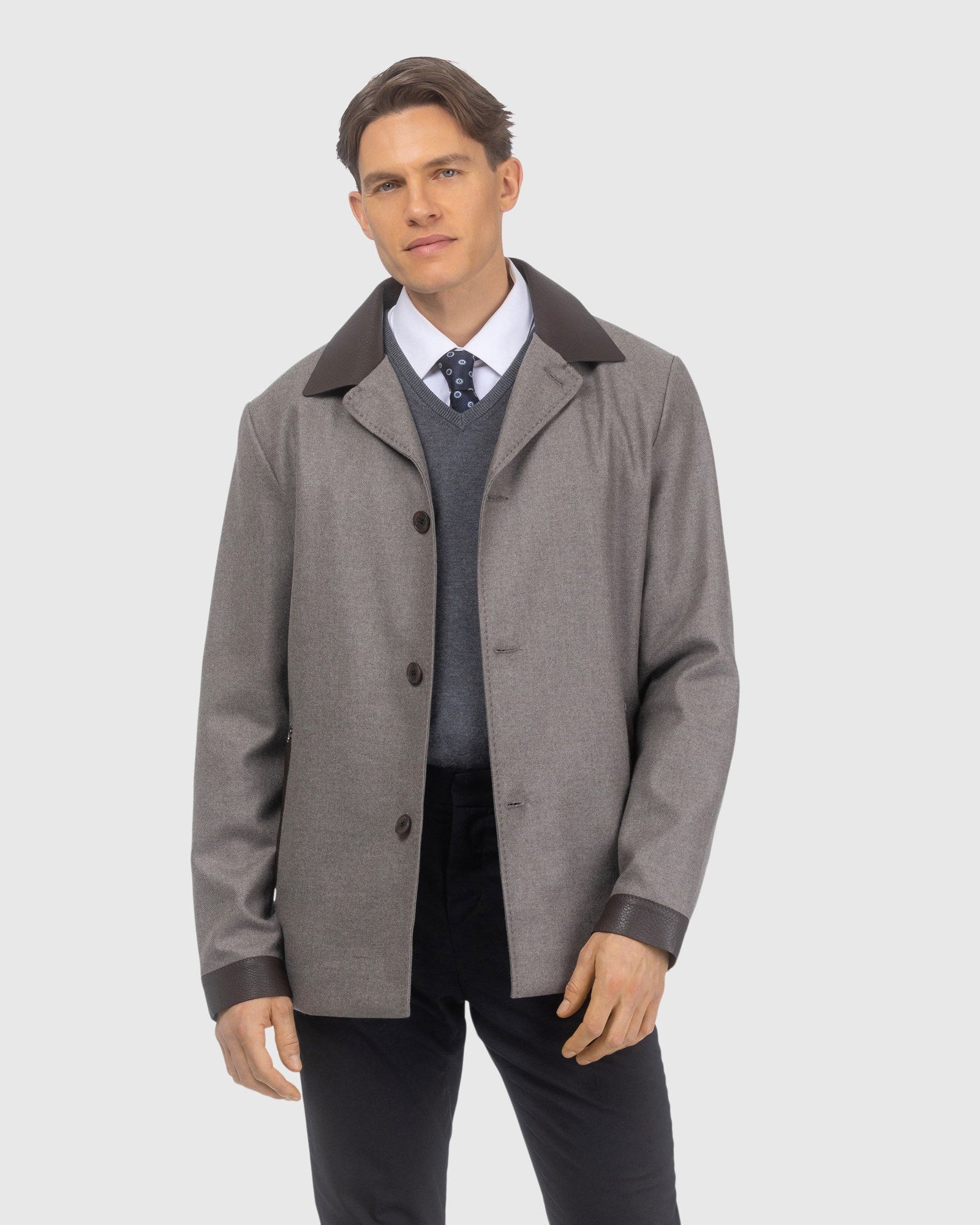 Men | Loro Piana Cashmere & Wool Jacket With Leather Trim | Taupe/Dark Brown