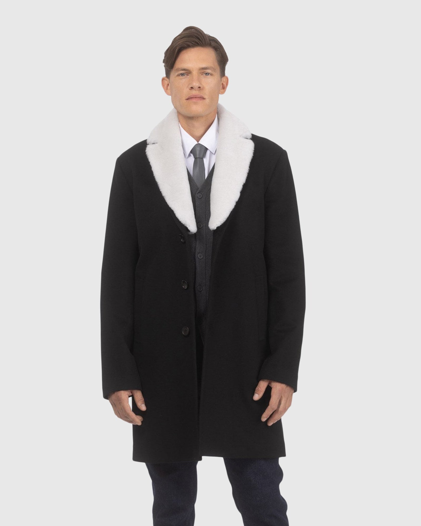 Men | Loro Piana Wool Short Coat With Merino Shearling Lamb Trim | Black/White
