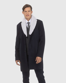 Men | Loro Piana Wool Short Coat With Merino Shearling Lamb Trim | Navy/White