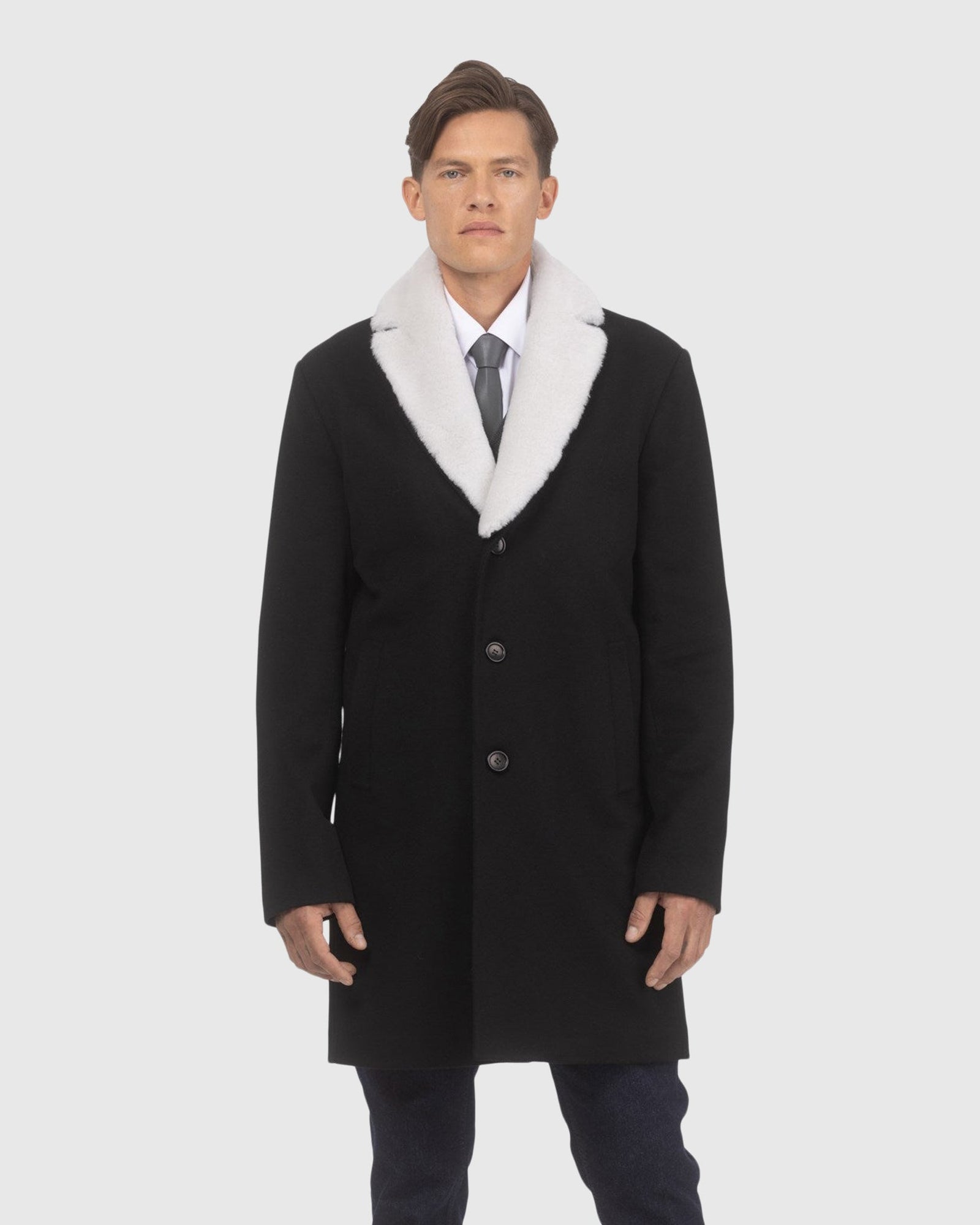 Men | Loro Piana Wool Short Coat With Merino Shearling Lamb Trim | Black/White