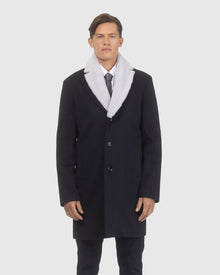Men | Loro Piana Wool Short Coat With Merino Shearling Lamb Trim | Navy/White