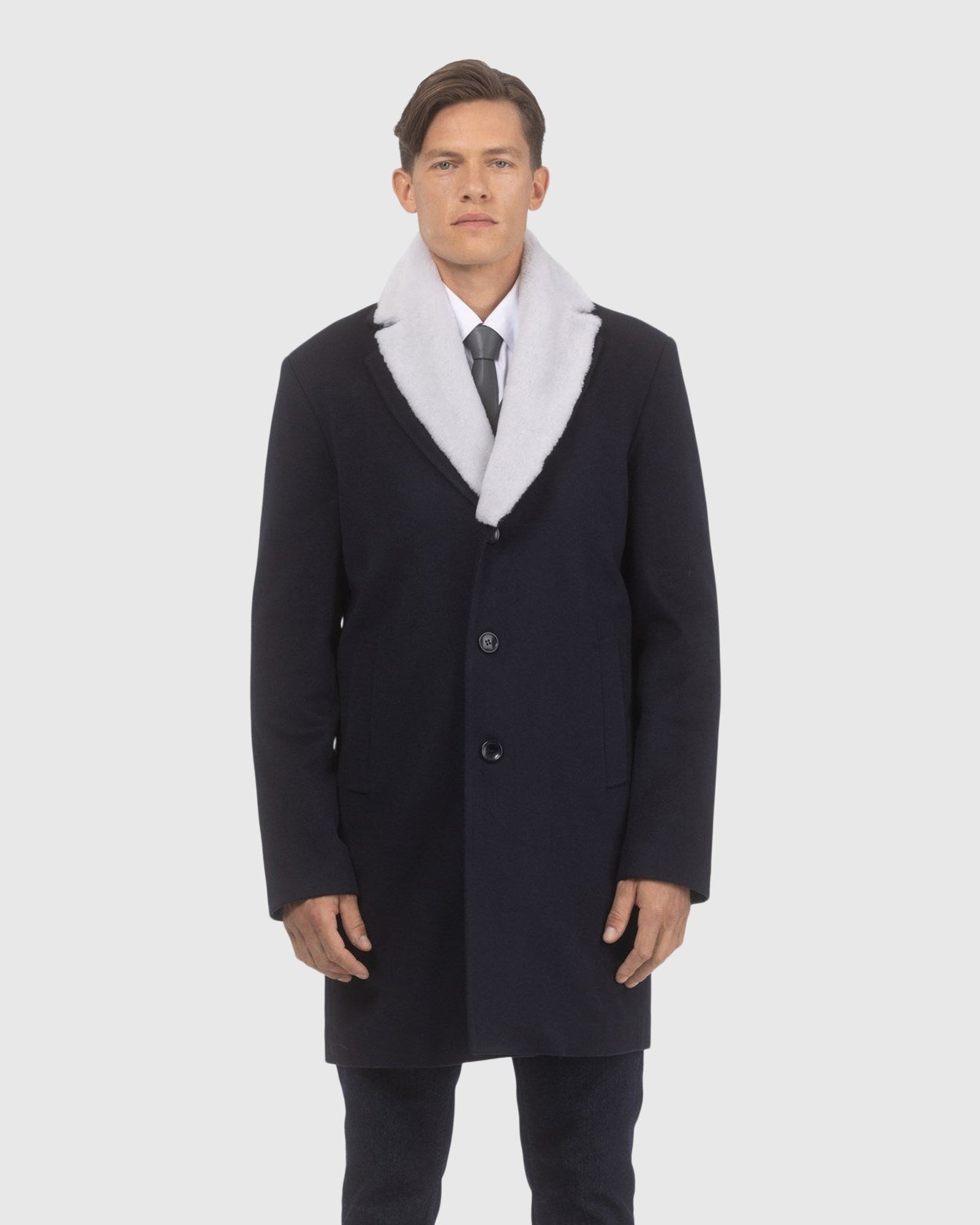 Men | Loro Piana Wool Short Coat With Merino Shearling Lamb Trim | Navy/White