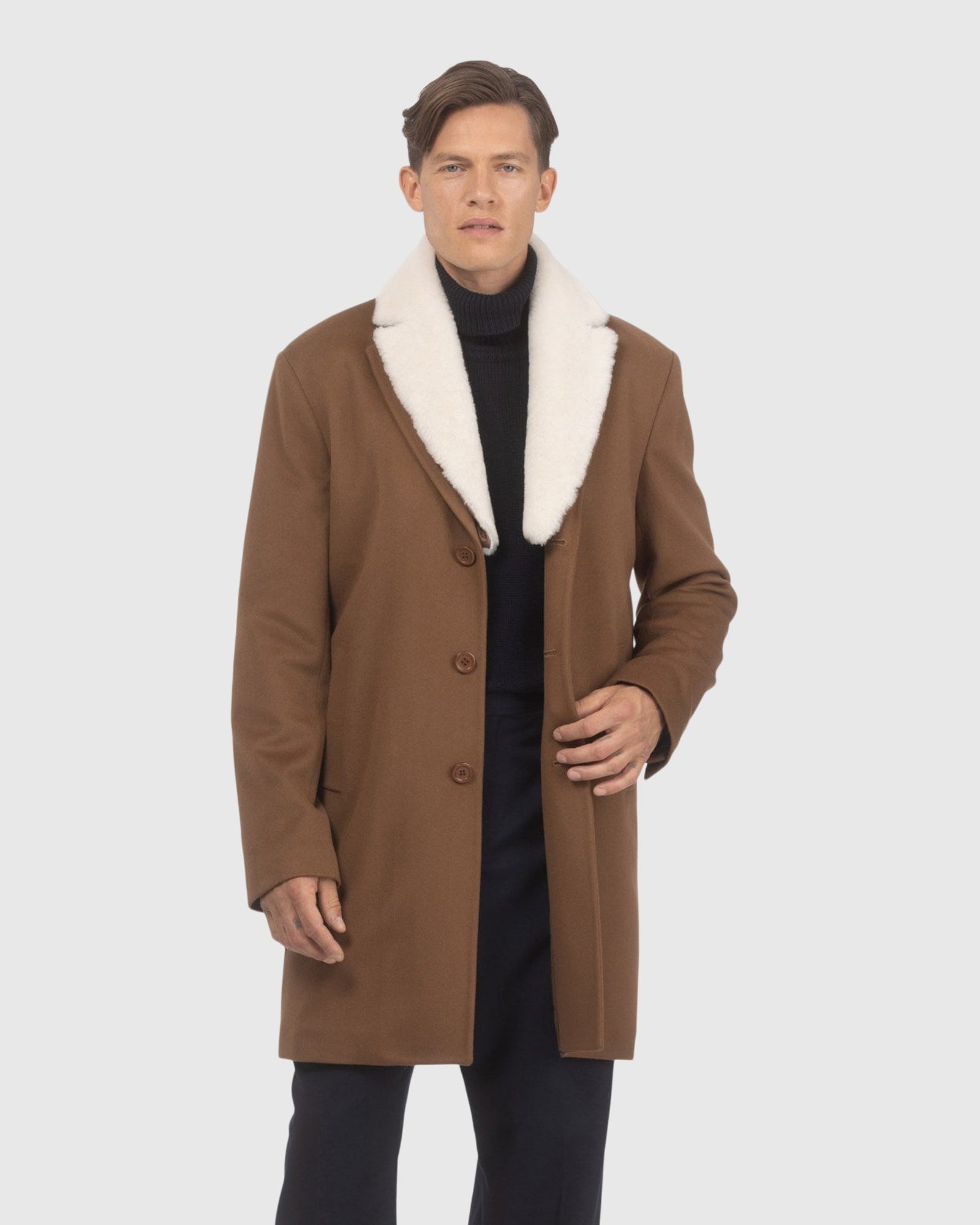 Men | Loro Piana Wool Short Coat With Merino Shearling Lamb Trim | Whiskey/White