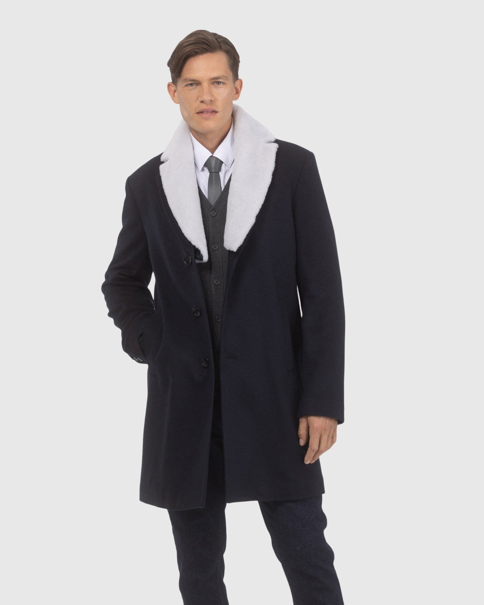 Men | Loro Piana Wool Short Coat With Merino Shearling Lamb Trim | Navy/White
