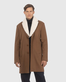 Men | Loro Piana Wool Short Coat With Merino Shearling Lamb Trim | Whiskey/White