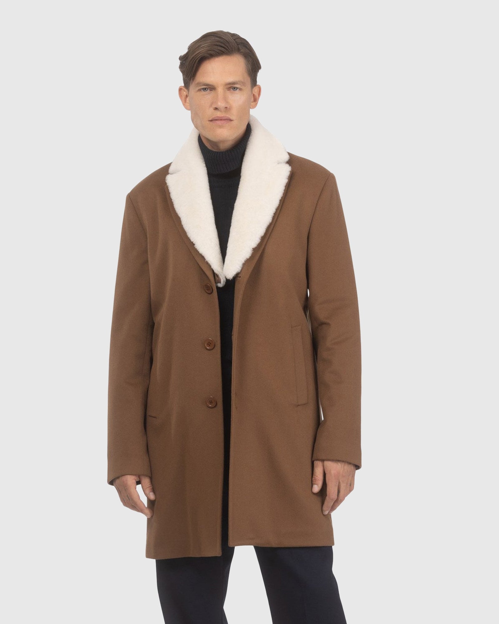 Men | Loro Piana Wool Short Coat With Merino Shearling Lamb Trim | Whiskey/White