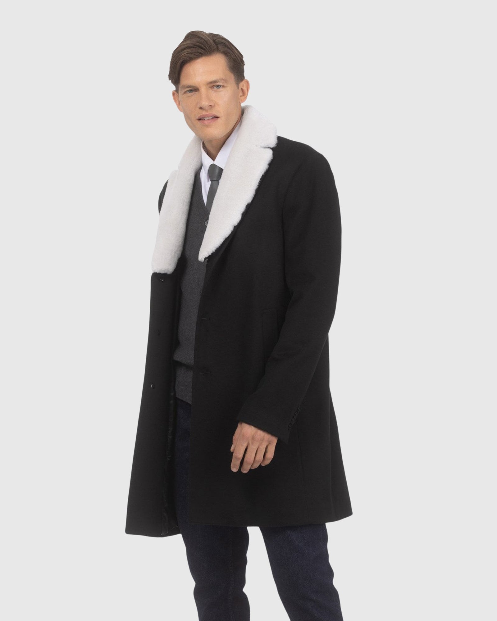 Men | Loro Piana Wool Short Coat With Merino Shearling Lamb Trim | Black/White