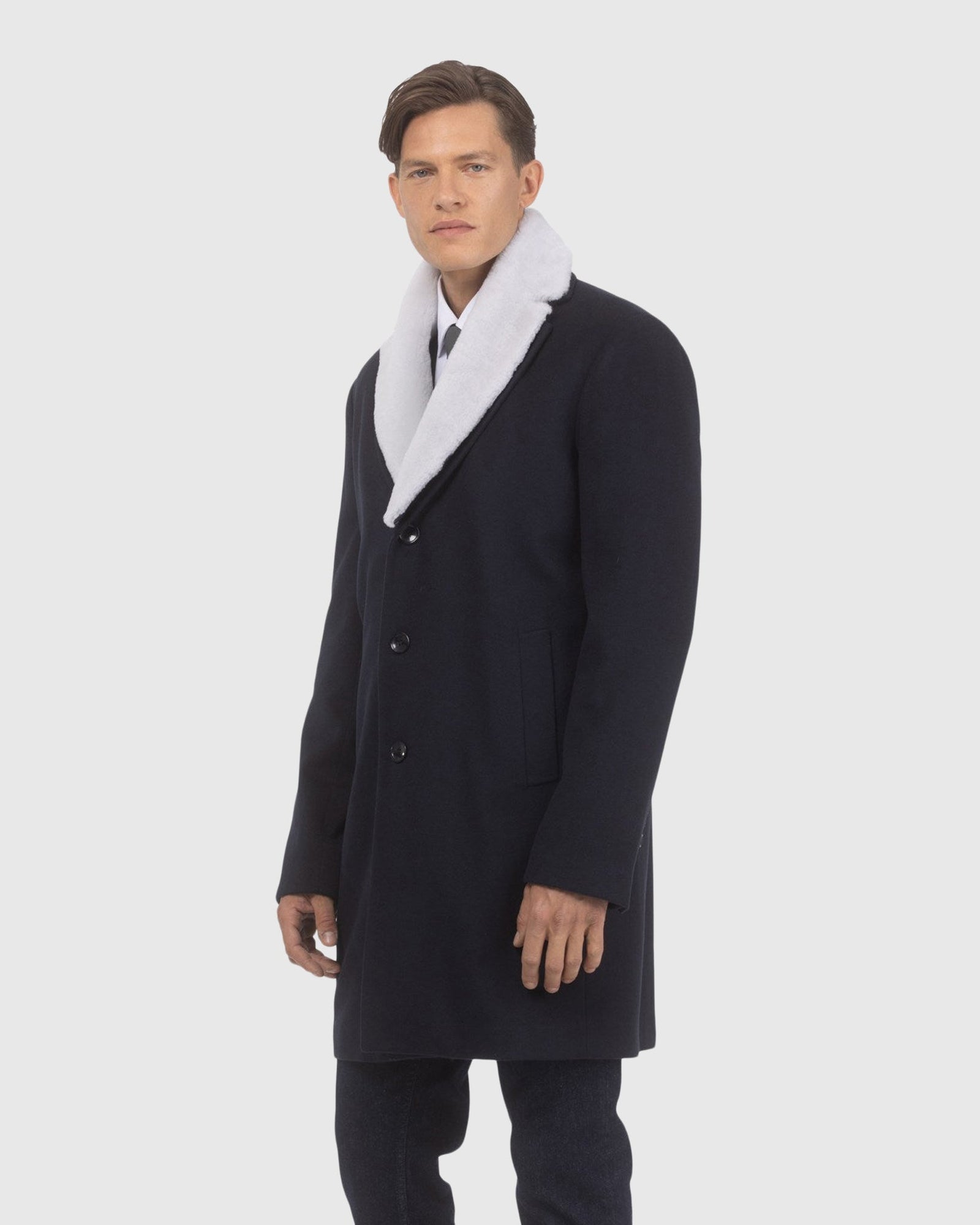 Men | Loro Piana Wool Short Coat With Merino Shearling Lamb Trim | Navy/White
