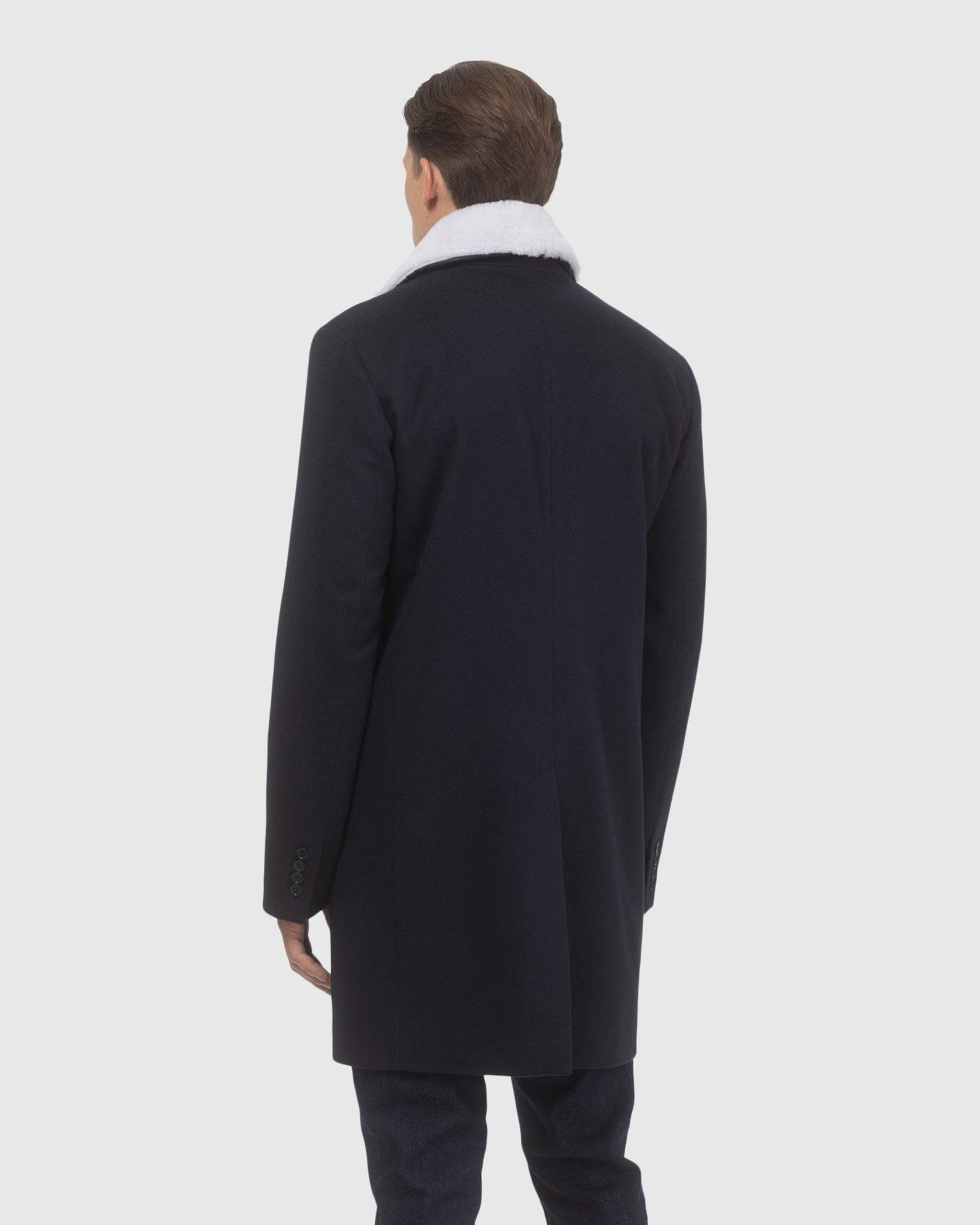 Men | Loro Piana Wool Short Coat With Merino Shearling Lamb Trim | Navy/White
