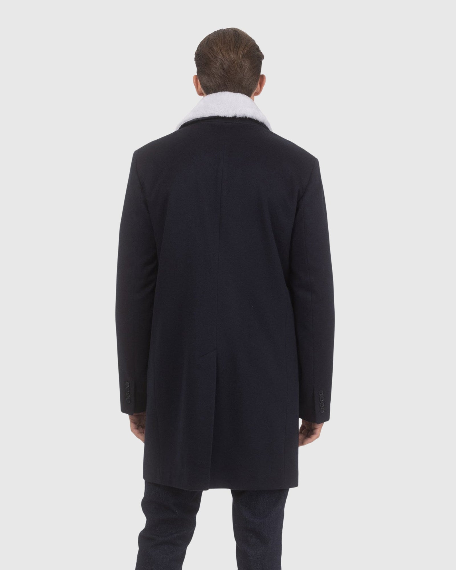 Men | Loro Piana Wool Short Coat With Merino Shearling Lamb Trim | Navy/White